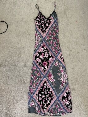 Lovestitch NWT Boho Floral Patchwork Slip Dress in Gray and Pink